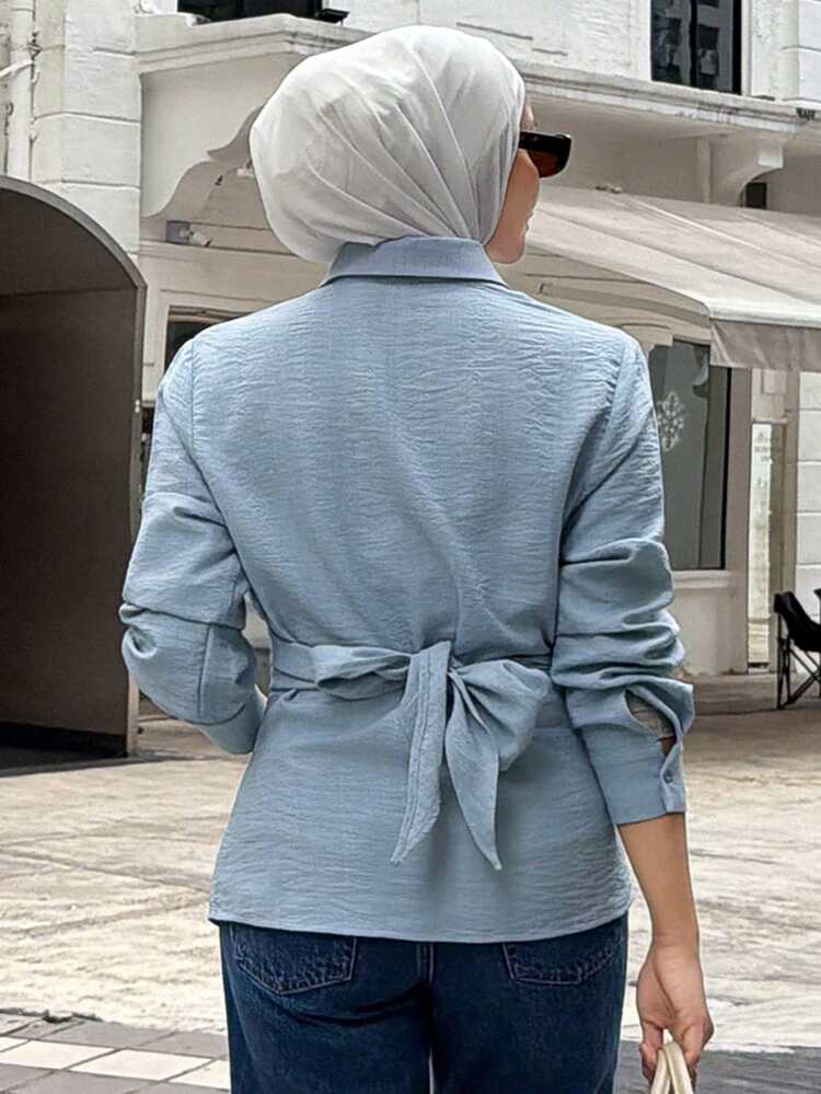 Women's Casual Plain Texture Tie-Up Shirt, Spring/Summer