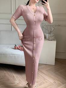 DAZY 女士优雅纯色V领纽扣假口袋针织毛衣连衣裙，春夏款，婚礼宾客礼服 - 粉色 - 查看 9