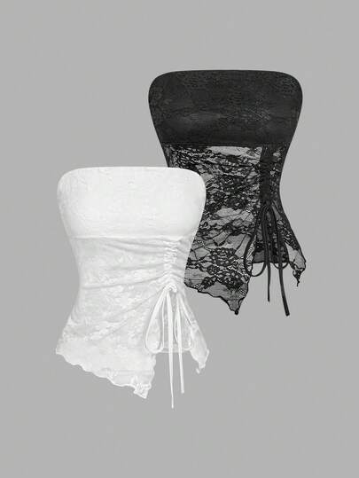 SHEIN MOD 女士纯色无肩带修身抽绳下摆开衩吊带背心，适合派对、毕业典礼、浪漫、夏季、节日、乡村风、海滩度假、下午茶、端庄、舞会等场合。