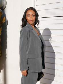 Yess Loren 2 件套女士纯色前扣长袖口袋翻领上衣和裤子休闲套装秋冬