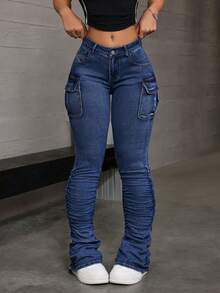 Flirla Plus Size Flared Casual Streetwear Jeans Occasion Navy Blue Summer - Blue - View 6