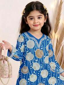 SHEIN Klassisches Jalabiya-Kleid im arabischen Stil für Kleine Mädchen, Perlmutt-Muster, minimalistischer Lässig-Stil, geeignet für Frühling/Sommer - Verschiedenfarbig - Übersicht 3