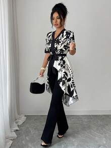 Elenzga 女士V领系带蝴蝶结修身腰部优雅休闲度假碎花不对称时尚黑色衬衫 - 彩色 - 查看 4