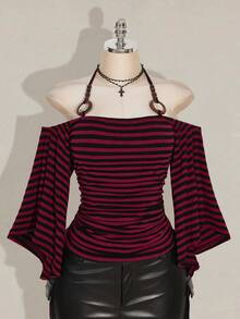 SHEIN ICON 大码女式 Y2K 复古条纹露肩喇叭袖吊带时尚 T 恤，前卫街头风，休闲喇叭袖露肩条纹针织上衣 - 彩色 - 查看 10