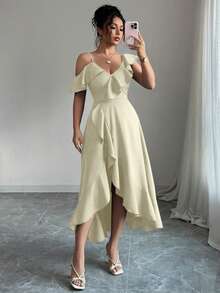 Elenzga Solid Color Spaghetti Strap Cold Shoulder Ruffle Hem Elegant Faux Denim Dress - Apricot - View 6