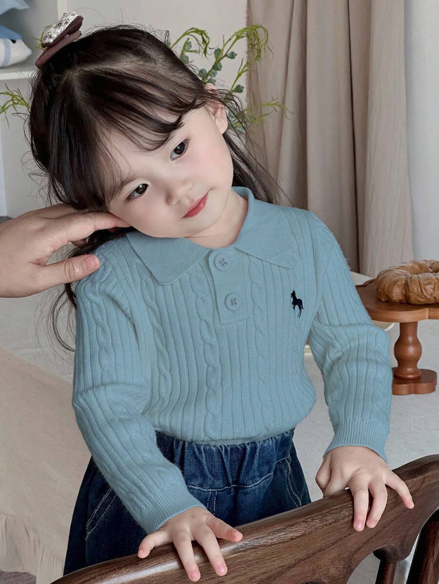 DAZY Toddler Girls' Solid Color Minimalist Everyday Polo Neck Long Sleeve Sweater - Blue - View 1