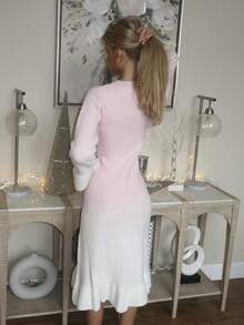 Sydney Algeri Women's Autumn/Winter New Round Neck Ombre Unique Design Ruffle Hem & Cuff Fashionable Elegant Elegant Date Casual Fitted Knit Midi Sweater Dress - Pink - View 2