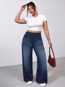 SHEIN Tall CURVE 高个加大码夏季和冬季女式高腰修身舒适弹力直筒宽松牛仔裤 舒适高弹针织直筒牛仔裤 - 深色水洗藍 - 查看 6