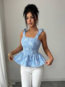 Elenzga Women's Summer Bowknot Strap Design Backless Peplum Hem Jacquard Camisole - Blue - View 4