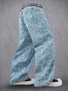 Manfinity Denimwave Quần jeans nam ống rộng dáng suông màu xanh nhạt in chữ, quần jeans họa tiết đường phố dành cho nam, quần nghệ thuật nam. - Rửa nhẹ - Xem 2