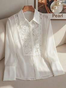 Modelyn Women's Solid Color Loose Long Flare Sleeve Elegant Lace Blouse - White - View 1