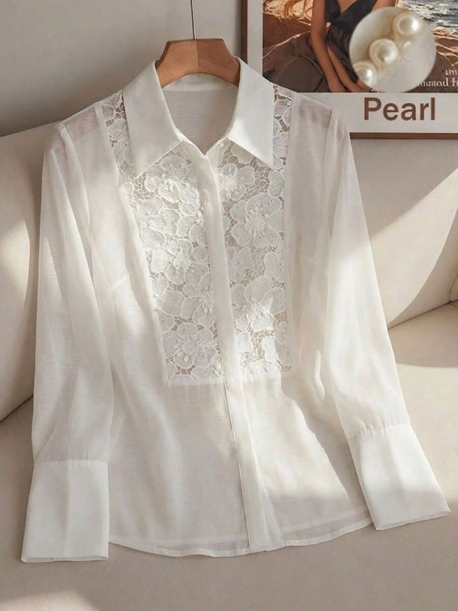 Modelyn Women's Solid Color Loose Long Flare Sleeve Elegant Lace Blouse - White - View 1