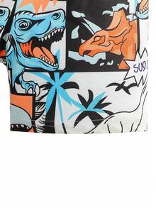 两件套幼儿男童休闲恐龙印花T恤短裤套装,春夏装,橙色底色搭配创意图案,舒适日常穿着 - 彩色 - 查看 9