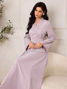 Modelyn 女士纯色简约长袖上衣和半裙两件套，日常穿着 - 紫色 - 查看 9