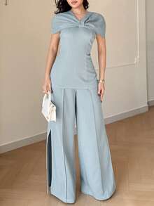 Modelyn Women's Elegant Commuter Poncho Top And Pants Set - Blue - View 2