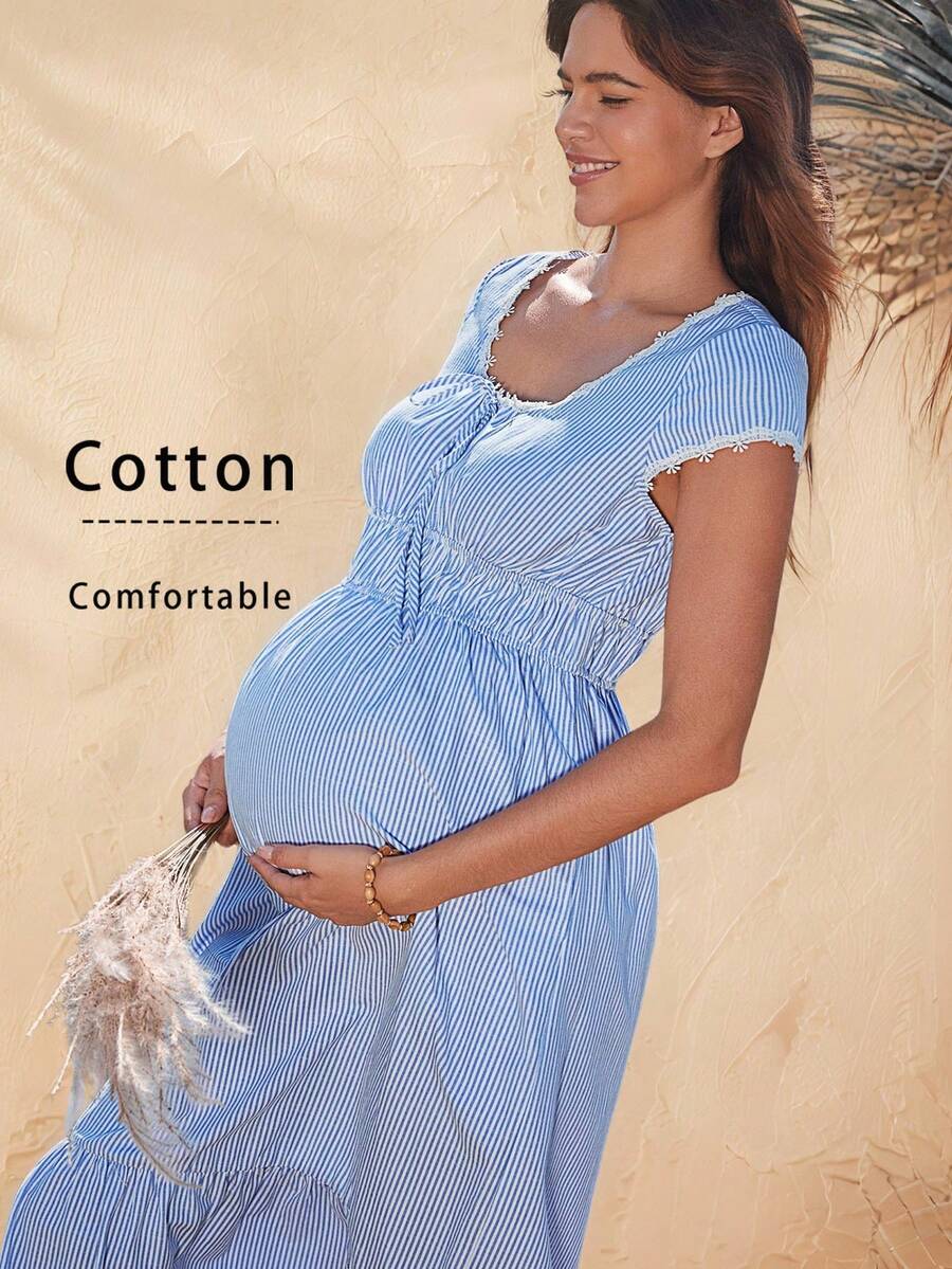 Boho Mama Spring Outfit Women Maternity Casual Daily Soft Dress,Cotton Striped Lace Patchwork Maternity Dress