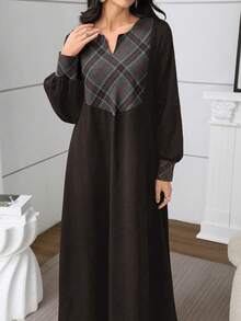 Al Najma New Autumn Vintage Contrast Color Plaid  Casual Dress - Coffee Brown - View 6