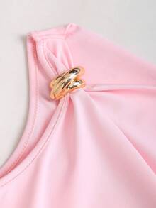 Sweetra 新款优雅通勤时尚百搭金属扣肩带束腰粉色女式T恤，夏季 - 粉色 - 查看 5