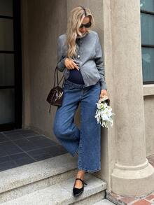 SHEIN Jeans premaman a vita elastica, ampi, in colore unito, con tasche, versatili, adatti per primavera-estate, San Valentino, carnevale, pendolarismo, vacanze, laurea, stile Y2K carino, feste, matrimoni, eleganti e casual, comodi, taglie comode, in misto cotone traspirante e vestibilità morbida per donne in gravidanza - Blu - Visualizzare 5