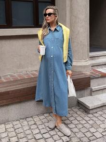 SHEIN 孕妇休闲水洗前扣牛仔连衣裙 情人节度假穿搭 女装 嘉年华 夏季春季 通勤 毕业季 时尚 Y2K 可爱 街头风 派对 婚礼 优雅 商务休闲 女装 - 藍色 - 查看 1