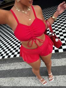 Swim Vcay Conjunto de Maiô Vermelho Sólido com Cordão Ajustável e Plus Size, Novidade de Verão 2026 - Vermelho - Visão 5