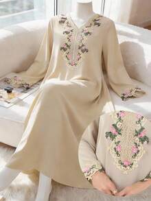 Yasmyna Women's Casual Vacation Style Patchwork Lace Applique V-Neck Flare Sleeve Loose Arabic Traditional Long Dress, Spring Arabic-Style Long Kaftan Robe, Arabic Women's Dress, Turkish Dress, Abaya Robe, Traditional Women's Dress Arabic Style Long Dress Kaftan Jalabiya Dress Arabic Dress For Women Turkish Dress Abaya Dress Abaya For Women - Apricot - View 2