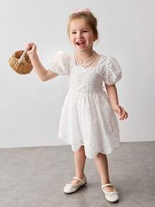 Maija Kids Đầm thường ngày màu trơn cổ tròn tay phồng eo thắt eo dành cho bé gái - trắng - Xem 7