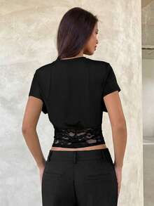 Aloruh Women's Short Sleeve Contrast Lace Fashion T-Shirt,Black Top,Sexy Top,Summer Top - Black - View 7