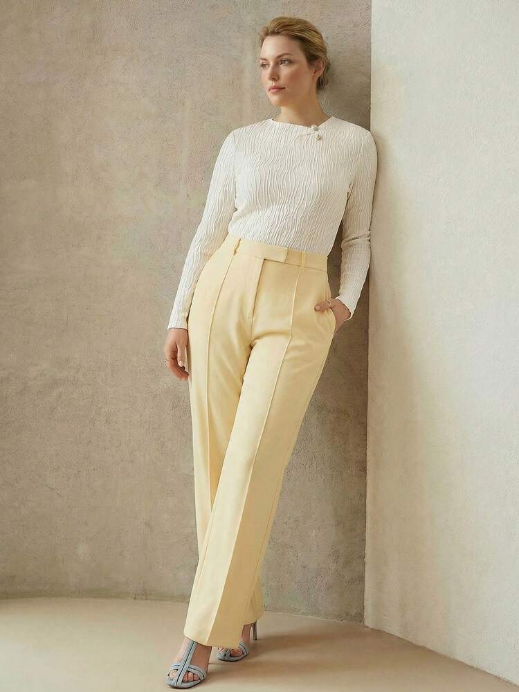 PLUS ASYMMETRIC NECKLINE ELASTIC COMFORTABLE T-SHIRT, TEXTURED KNIT FABRIC, SPRING/SUMMER