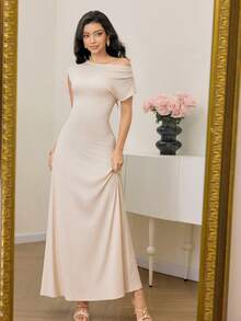 Modelyn Women's Elegant Solid Color Asymmetric Collar Dress, Summer Elegant Dress Women Women's Elegant Dress Photoshoot Dress Women Champagne Women Dress Luxury Dress For Women - Beige - View 2
