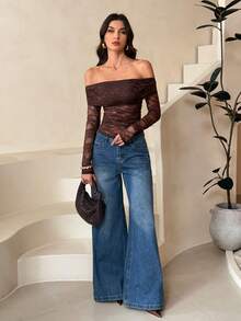 SHEIN Tall 性感透视蕾丝拼接露肩长袖T恤，浪漫情人节约会必备；女士性感褶皱透视常规袖露肩修身咖啡棕色纯色女式上衣；春秋季休闲日常穿着 - 咖啡棕 - 查看 6