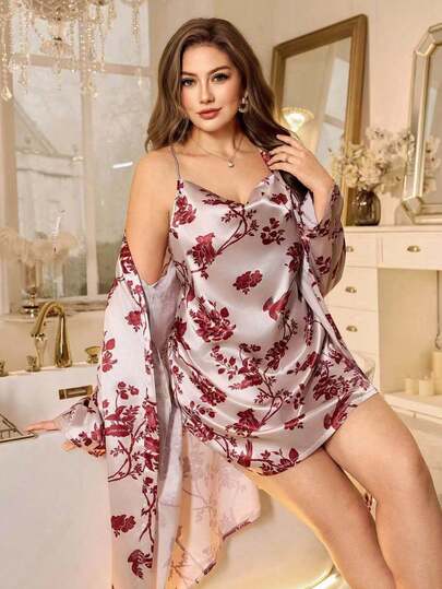 MuseNap CURVE Plus Size Floral Print Faux Silk Backless Camisole Nightgown And Robe Set
