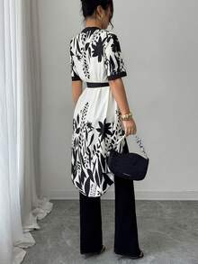 Elenzga 女士V领系带蝴蝶结修身腰部优雅休闲度假碎花不对称时尚黑色衬衫 - 彩色 - 查看 2