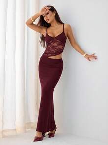 SHEIN PETITE Đầm maxi gợi cảm xuyên thấu, khoét eo, phối ren tương phản, thích hợp cho kỳ nghỉ hè trên bãi biển, hẹn hò hàng ngày, đi chơi đêm, hộp đêm, tiệc tùng, tiệc cocktail, tiệc bể bơi, và mùa tựu trường. - Màu đỏ tím - Xem 11