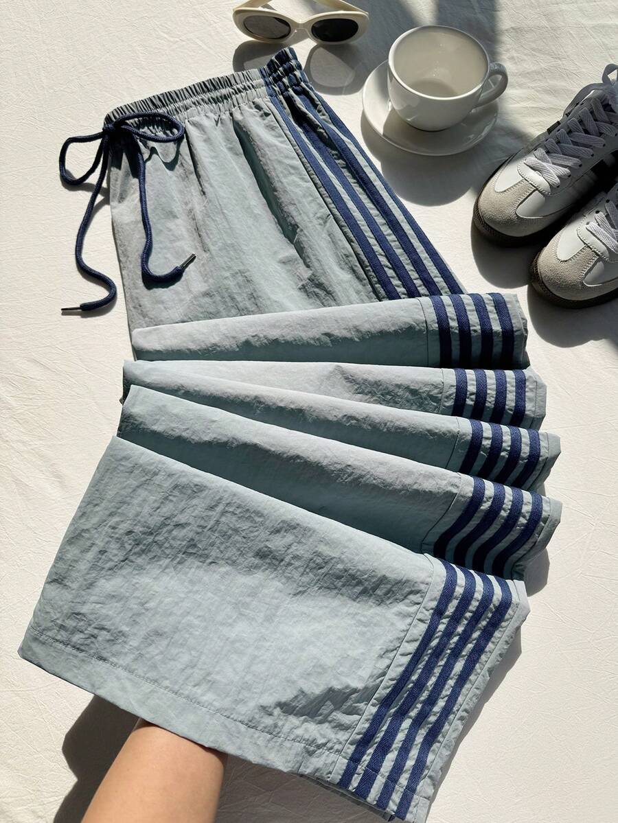 Comfortcana Woven Fabric Plus Size Blue Straight Leg Pants With Strips And Drawstring Waists - Blue - View 1