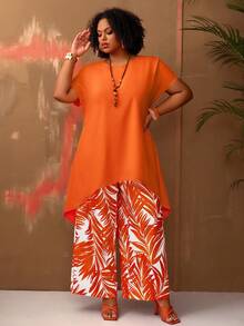EMERY ROSE Plus Size Women Vacation Solid High-Low Hem Shirt And Tropical Plant Print Wide Leg Pants Set - Multicolor - View 6
