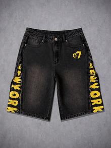 Manfinity Denimwave Men's Hip Hop Street Fashion American Print Frayed Hem Washed Black Denim Bermuda Shorts - Black - View 1