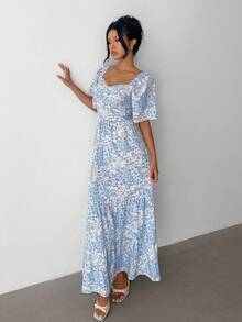 Selianne Summer Short Sleeve Vacation Beach Music Festival Pink Floral Dress - Baby Blue - View 3