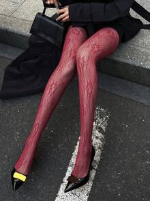 DAZY 女士时尚性感纯色蕾丝弹力连裤袜 - 酒紅色 - 查看 2