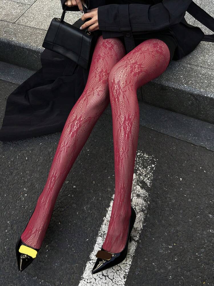 Women's Fashionable Sexy Solid Color Lace Elastic Pantyhose