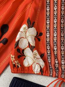 EMERY ROSE Women's Casual Floral Print Deep V-Neck Tassel Tie Lantern Sleeve Cropped Top - Red - View 6