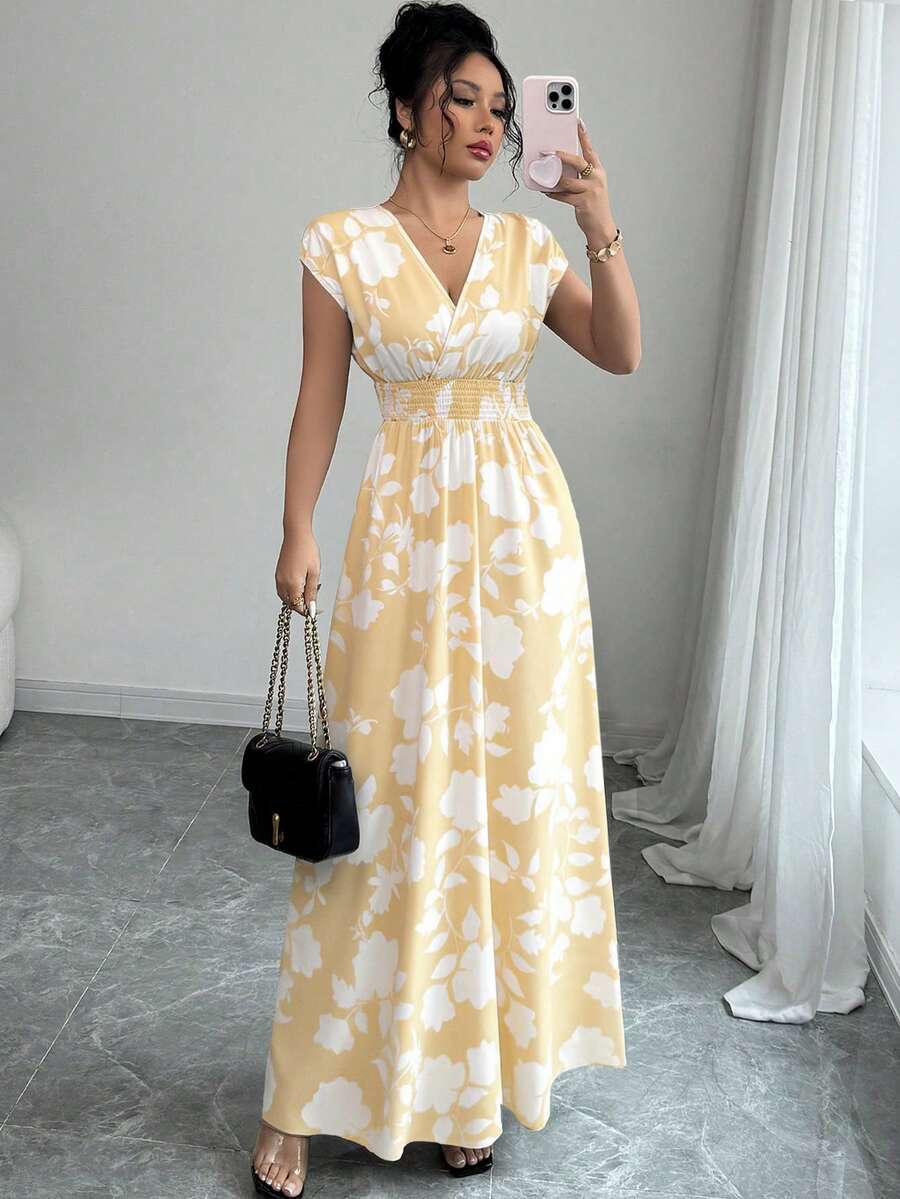 Selianne Floral Print Shirred Waist Casual Summer Dress - Multicolor - View 1