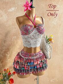 Soleia 女士彩色佩斯利复古印花拼接蕾丝无肩带系带露背吊带背心，休闲、约会、情人节、下午茶、海滩、邮轮、城市度假、音乐节、派对、波西米亚风、嬉皮风、西部风、百搭、日常通勤、仙女风、派对、复古上衣、复古、音乐节、休闲度假吊带背心、波西米亚风度假上衣 - 彩色 - 查看 1