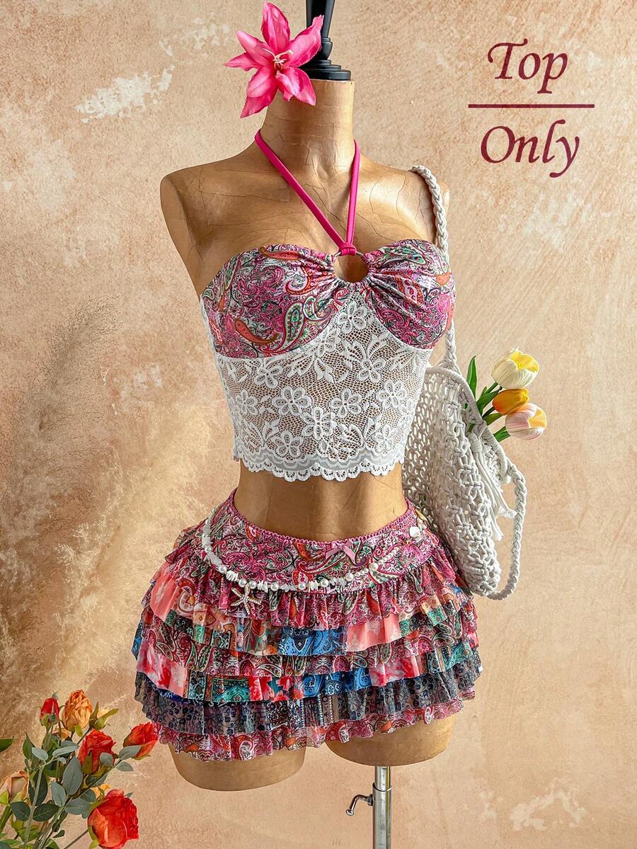 Soleia 女士彩色佩斯利复古印花拼接蕾丝无肩带系带露背吊带背心，休闲、约会、情人节、下午茶、海滩、邮轮、城市度假、音乐节、派对、波西米亚风、嬉皮风、西部风、百搭、日常通勤、仙女风、派对、复古上衣、复古、音乐节、休闲度假吊带背心、波西米亚风度假上衣 - 彩色 - 查看 1