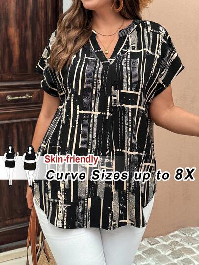 SHEIN CURVE+ Plus Size Women Geometric Print V-Neck Batwing Short Sleeve Casual Shirt 8xl Women Clothes Plus Size Summer Shirt