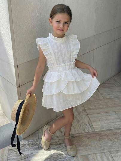 Elladie kids 2pcs/Set Young Girls Summer New Floral Collar Flutter Sleeve Sleeveless Back Open Shirt + Ruffle Hem Skirt White Casual Outfit, Elegant & Cute For Daily, Party, Home Wear