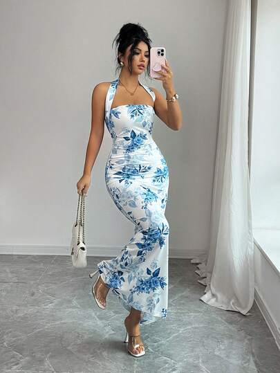 Elenzga Women's Floral Print Halter Neck Ruffle Dress, Summer