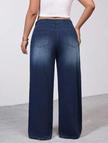 SHEIN Tall CURVE 高个加大码夏季和冬季女式高腰修身舒适弹力直筒宽松牛仔裤 舒适高弹针织直筒牛仔裤 - 深色水洗藍 - 查看 2