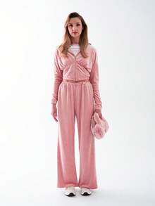 OverBlushhh 女士天鹅绒高腰直筒飘逸刺绣logo长款运动裤，柔软舒适，适合日常穿着和运动舞蹈。 - 粉色 - 查看 7