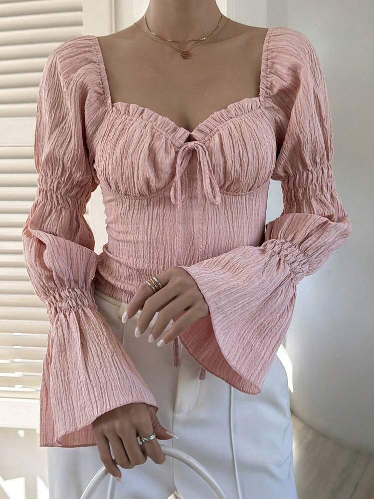 Spring/Summer Flared Ruffle Trim Puff Sleeve Crop Top, Pink, Casual Beach Vacation Chiffon Blouse With Front Tie, Long Sleeve Fitted Shirt For Women